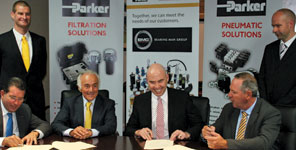 Back row: Christian Malan, general manager, Parker Hannifin South Africa; Wayne Holton, general manager, BMG Fluid Power. Seated: Barry Mackay, regional general manager, SCEMEA – southern region; Charly Saulnier, president, EMEA and corporate vice president, Parker Hannifin; Arnold Goldstone, CEO, Invicta Holdings; Gavin Pelser, executive director, BMG.